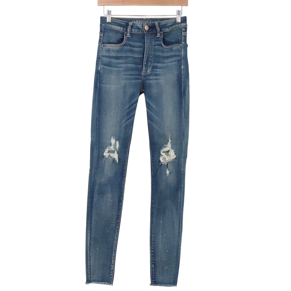 American Eagle Jegging Womens 6 Hi-Rise Sateen X Blue Distressed Raw Hem EC